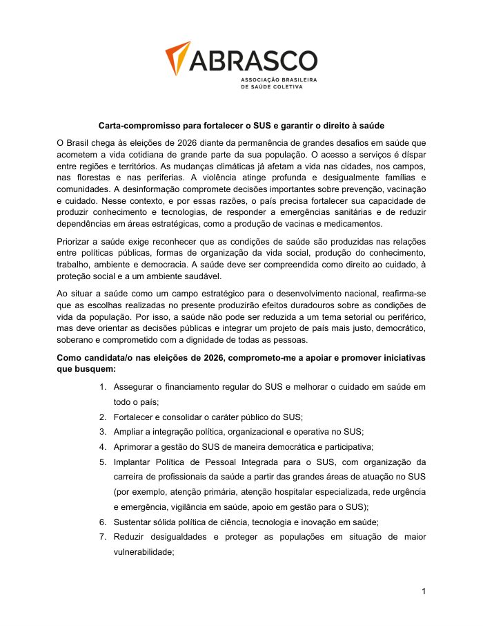 Capa — Carta-compromisso para fortalecer o SUS e garantir o direito à saúde (ABRASCO)