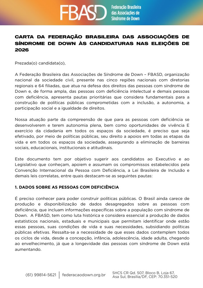 Capa — Carta da Federação Brasileira das Associações de Síndrome de Down (FBASD)