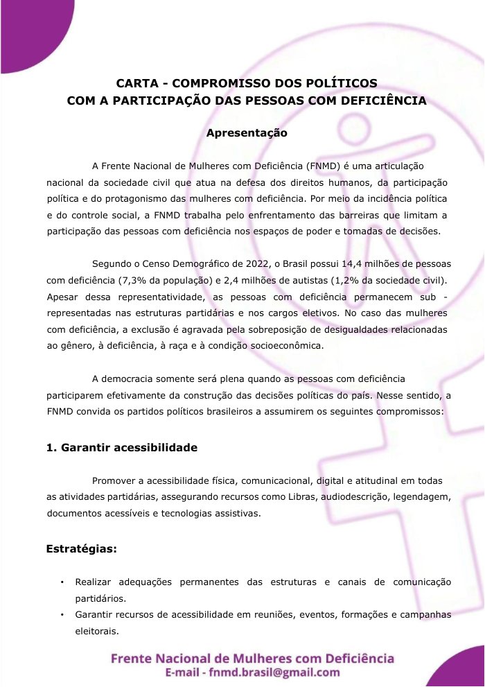 Capa — Carta-Compromisso dos Políticos com a Participação das Pessoas com Deficiência (FNMD)