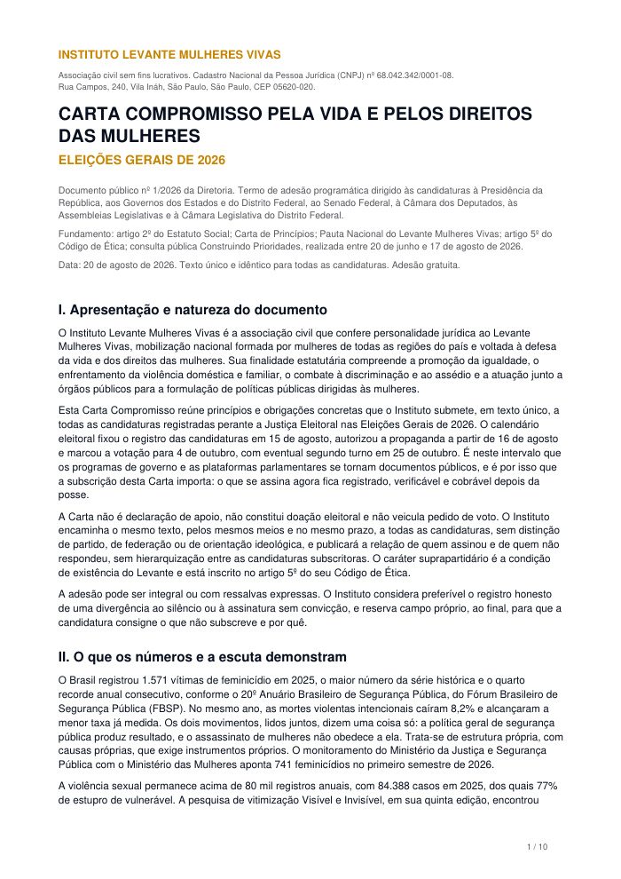 Capa — Carta Compromisso pela Vida e pelos Direitos das Mulheres (Levante Mulheres Vivas)
