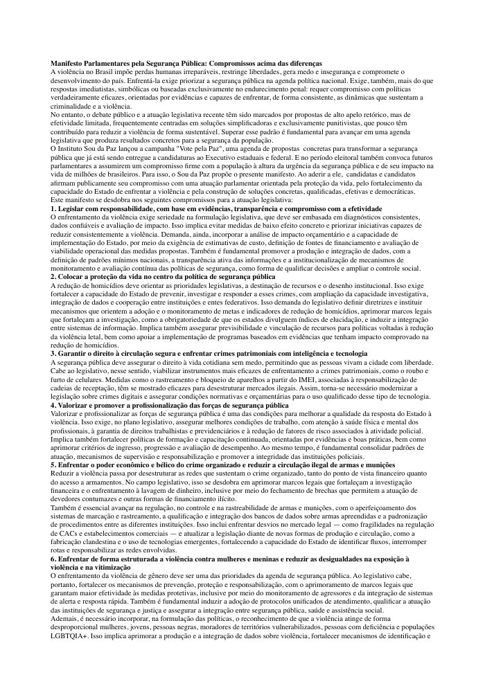 Capa — Manifesto Parlamentares pela Segurança Pública