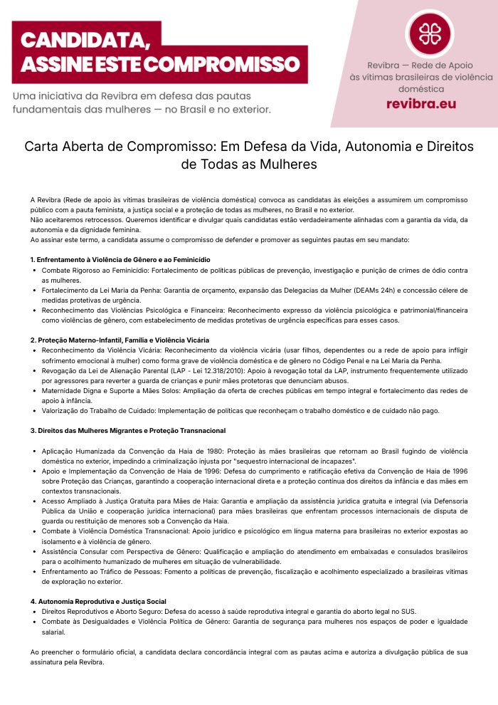 Capa — Carta Aberta de Compromisso: Em Defesa da Vida, Autonomia e Direitos de Todas as Mulheres (Revibra)